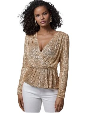 Boston Proper Gold Sequin Surplice Peplum Top Long Sleeve NWT Size Small